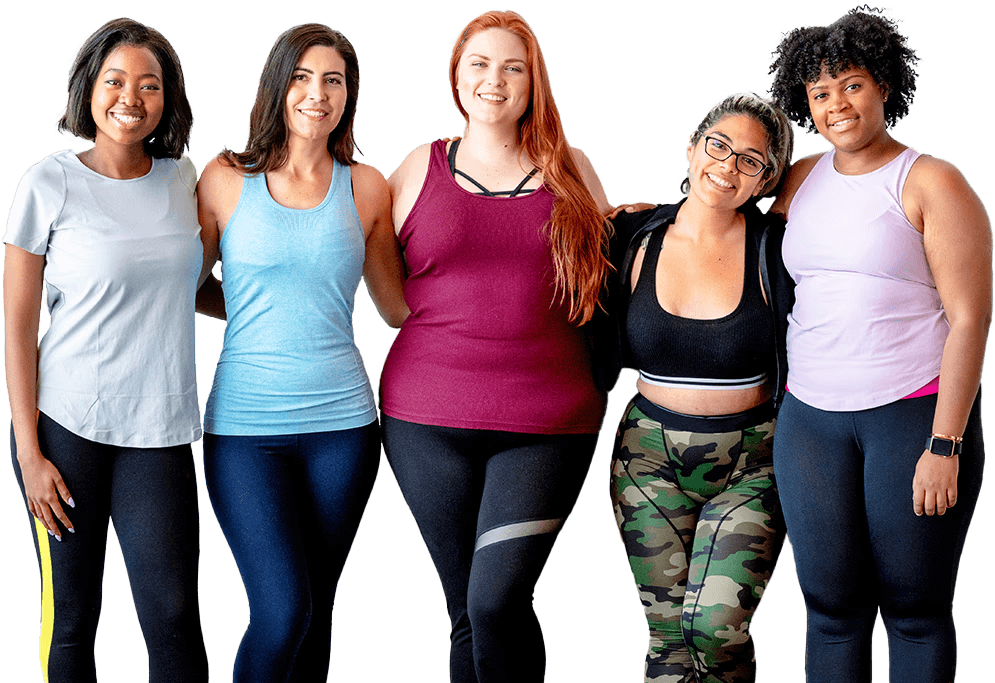 Five women of different ethnicities and body sizes in workout clothes standing side by side and smiling