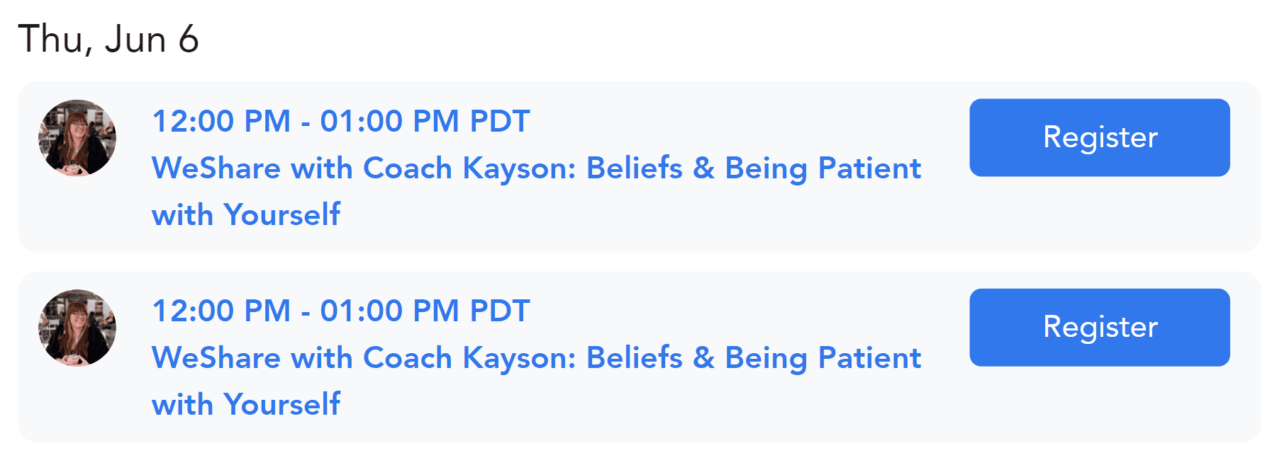 Preview of the registration page for WeConnect Calls with Coach Kayson